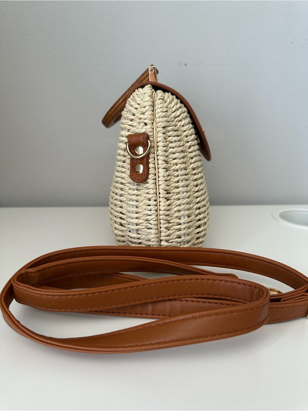 Woven Straw Crossbody Bag with Brown Leather Flap - Picture 4 of 5
